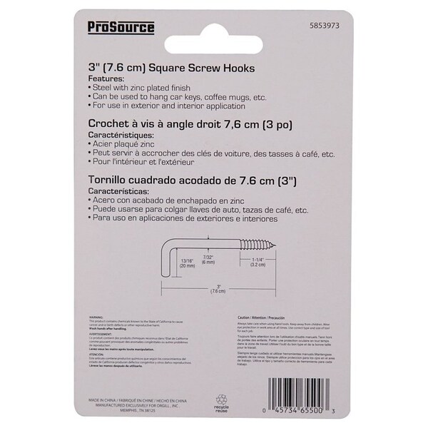 Prosource Screw Hook, 13/16 in Opening, 6.5 mm Thread, 3 in L, Steel, Zinc - LR-395-PS