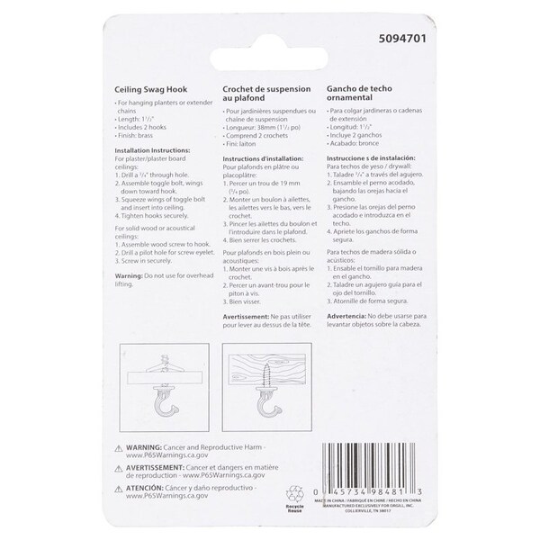 Landscapers Select Ceiling Hook, 2-3/16 in H, Zinc, White, Ceiling Mount Mounting - GB0093L