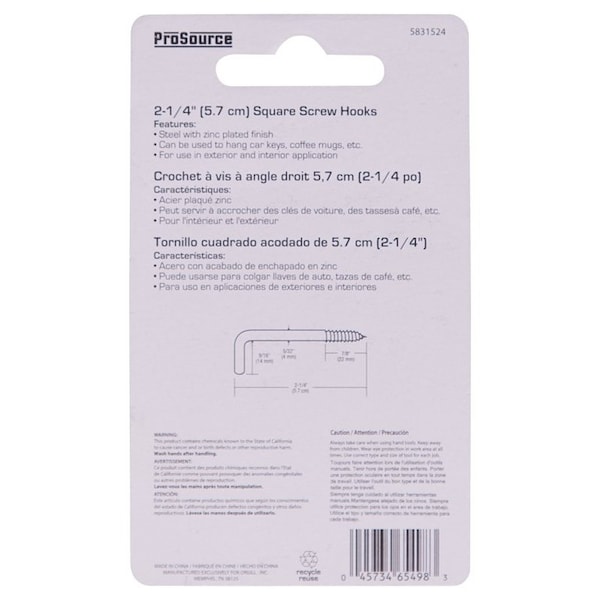 Prosource Screw Hook, 9/16 in Opening, 4.5 mm Thread, 2-1/4 in L, Steel, Zinc - LR-397-PS