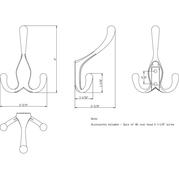 Elements By Hardware Resources 4" Satin Nickel Large Concealed Triple Prong Wall Mounted Hook - YT40C-400SN