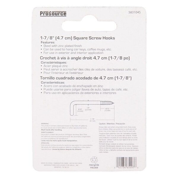 Prosource Screw Hook, 9/16 in Opening, 3.8 mm Thread, 1-7/8 in L, Steel, Zinc - LR-398-PS