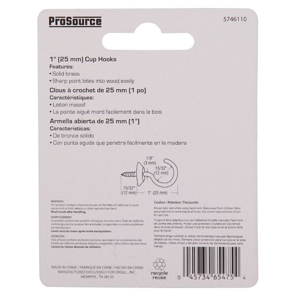Prosource Cup Hook, 15/32 in Opening, 3.5 mm Thread, 1-1/2 in L, Brass, Brass - LR-385-PS