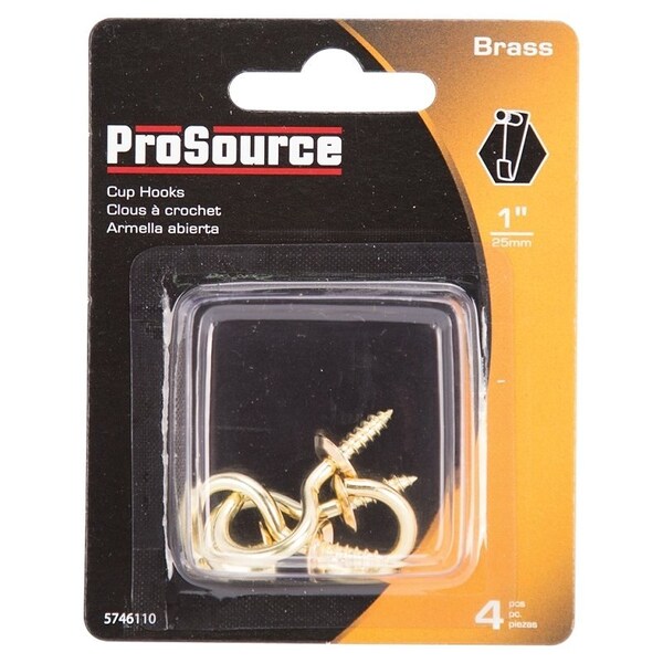 Prosource Cup Hook, 15/32 in Opening, 3.5 mm Thread, 1-1/2 in L, Brass, Brass - LR-385-PS
