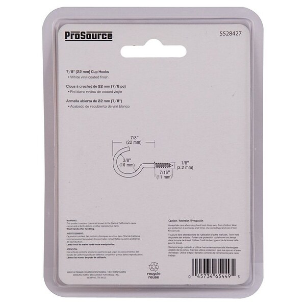 Prosource Cup Hook, 1/8 in Thread, 33 mm L, Steel, Vinyl-Coated - PH-122236-PS
