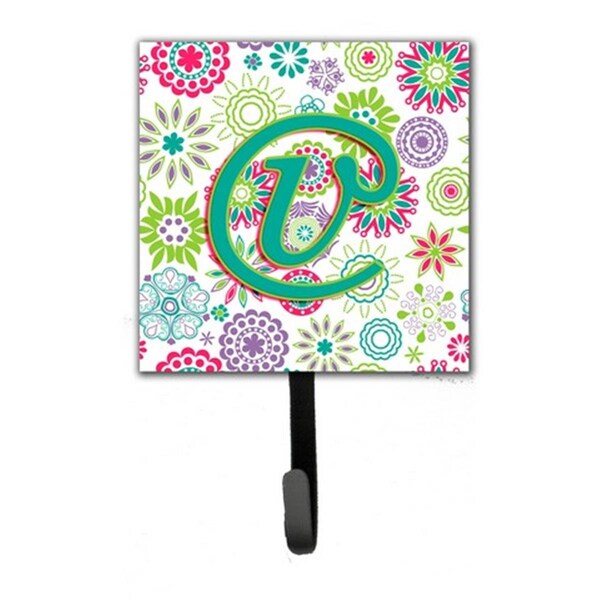 Jensendistributionservices Letter V Flowers Pink Teal Green Initial Leash & Key Holder - MI1658333