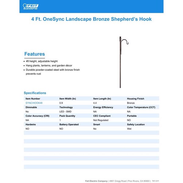 Feit Electric Feit SOLAR FIXTURES Bronze Metal 48 in. H Shepherd's Hook 1 pk - SYNC/HOOK48