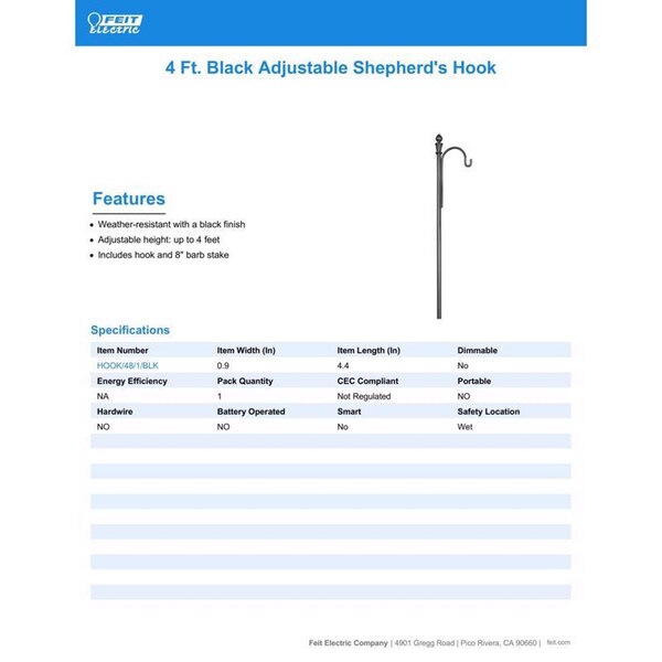 Feit Electric Feit SOLAR FIXTURES Black Metal 48 in. H Shepherd's Hook 1 pk - HOOK/48/1/BLK