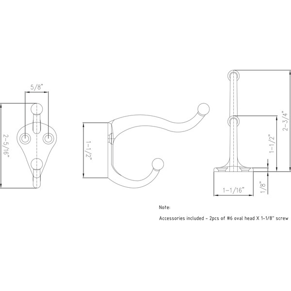 Elements By Hardware Resources 2-5/16" Satin Nickel Traditional Double Prong Ball End Wall Mounted Utility Hook - YD10-231SN