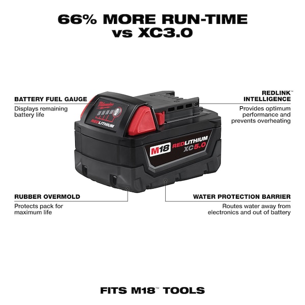 Milwaukee Tool M18 REDLITHIUM XC5.0 Battery, 5.0Ah, Extended Capacity, 18V, Li-Ion, Batteries (2-Pack) - 48-11-1852