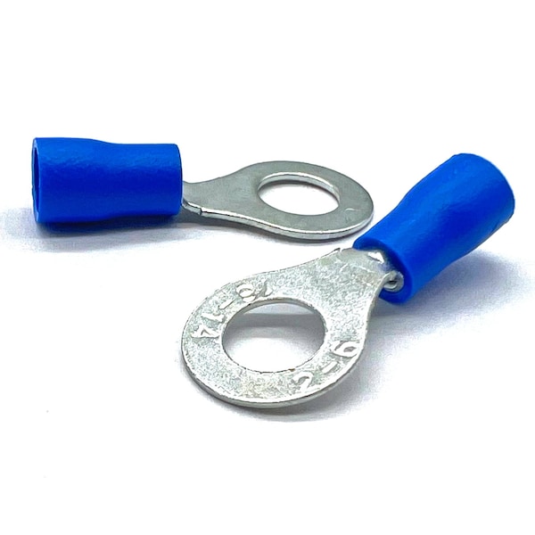 100 piezas de Conectores Anillo Crimp de PVC/Vinilo Azul de 1/4 de pulgada de diámetro, AWG 16-14, 100PK - EL-1614-RING25-VB-100.