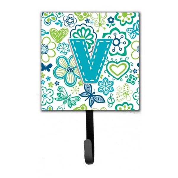 Jensendistributionservices Letter V Flowers And Butterflies Teal Blue Leash & Key Holder - MI1660935