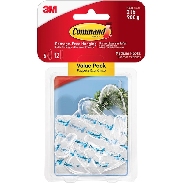 Command Medium Hooks, w/Adhesive Strips, 12/PK, Clear PK - MMM17091CLR6ES