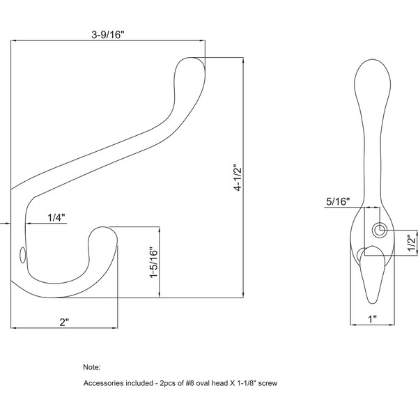 Elements By Hardware Resources 4-1/2" Brushed Oil Rubbed Bronze Large Transitional Double Prong Wall Mounted Hook - YD40-450DBAC