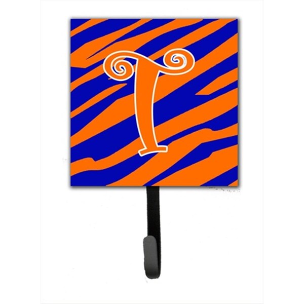 Jensendistributionservices 4.25 x 6 in. Letter T Initial Tiger Stripe Blue and Orange Leash Or Key Hook - MI1709718