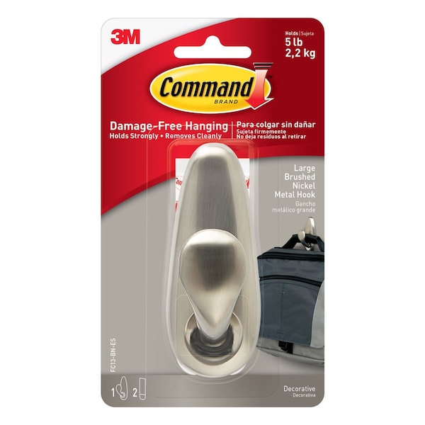 3M 3M Command 4-1/8 in. L Brushed Nickel Metal Large Hook 5 lb. cap. 1 pk - FC13-BN-ES
