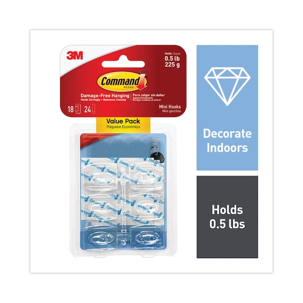 Command Clear Hooks and Strips, Plastic, Mini, 18 Hooks and 24 Strips/Pack - 17006CLR-18ES