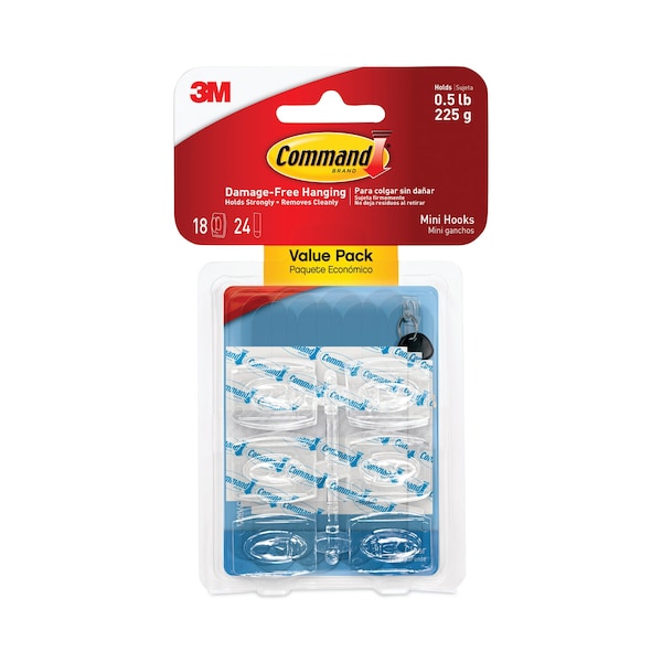 Command Clear Hooks and Strips, Plastic, Mini, 18 Hooks and 24 Strips/Pack - 17006CLR-18ES