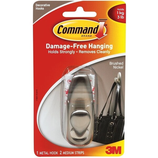 Command Forever Classic Series Decorative Hook, 3 lb, 1-Hook, Metal, Brushed Nickel - FC12-BN