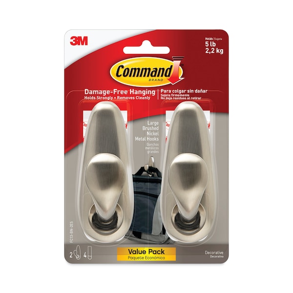 Command Adhesive Mount Metal Hook, Large, Brushed Nickel Finish, PK2 - FC13BN-2ES