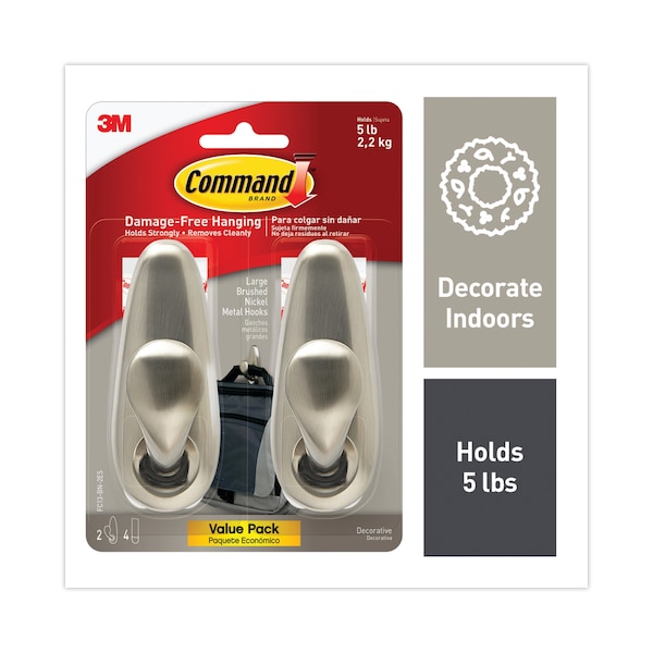 Command Adhesive Mount Metal Hook, Large, Brushed Nickel Finish, PK2 - FC13BN-2ES
