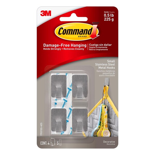 3M 3M Command Stainless Steel Metal Small Hook 0.5 lb. cap. 4 pk - 17031SS-4ES