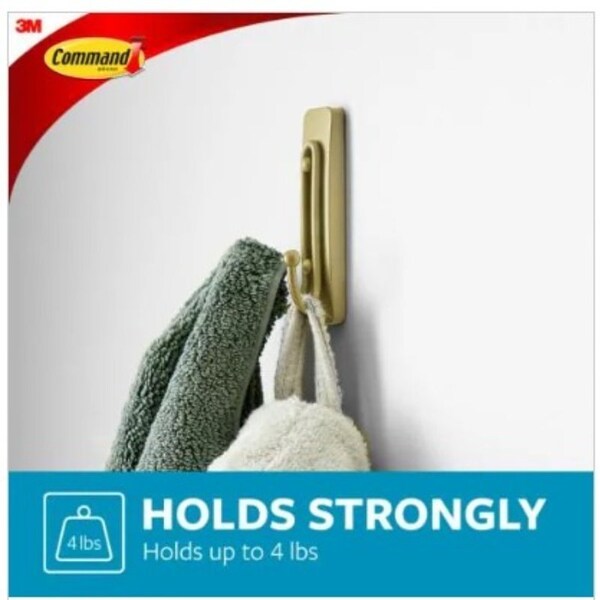 Command Large Bath Hook, 4 lb, 2-Hook, Metal, Satin Brass - BATH36-BR-ES