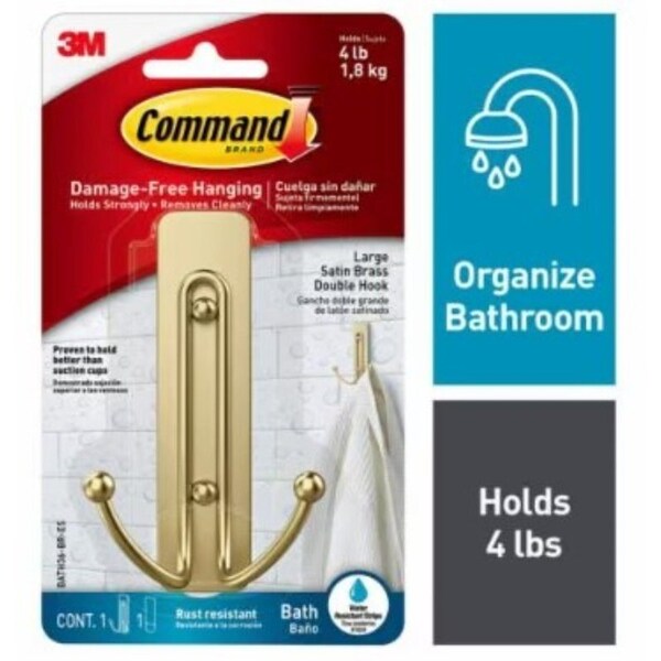 Command Large Bath Hook, 4 lb, 2-Hook, Metal, Satin Brass - BATH36-BR-ES