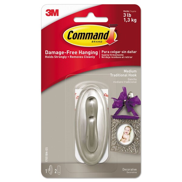 Command Decorative Hooks, Traditional, Medium, Plastic, Brushed Nickel, 3 lb Capacity, 1 Hook and 2 Strips - 17051BN