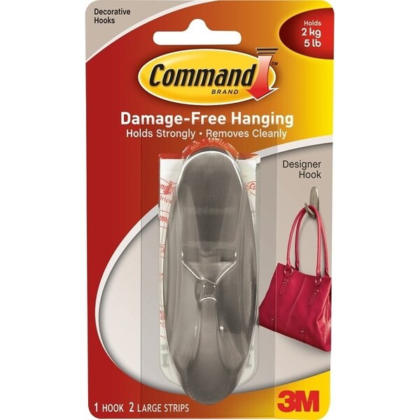 Command 17083BN Designer Hook, 5 lb, 1Hook, Metal, Brushed Nickel - 17083BN