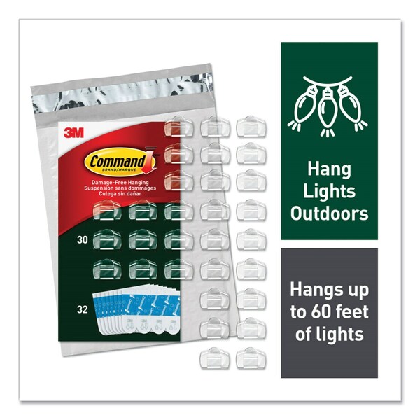 Command All Weather Hooks and Strips, Small, Plastic, Clear, 0.5 lb Capacity, 30 Clips and 32 Strips/Pack - 17017CLRAW30NA