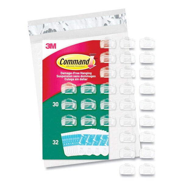 Command All Weather Hooks and Strips, Small, Plastic, Clear, 0.5 lb Capacity, 30 Clips and 32 Strips/Pack - 17017CLRAW30NA