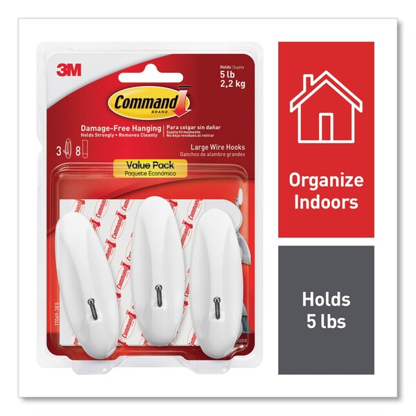 Command General Purpose Wire Hooks, Large, Metal, White, 5 lb Capacity, 3 Hooks and 8 Strips - 170693ES