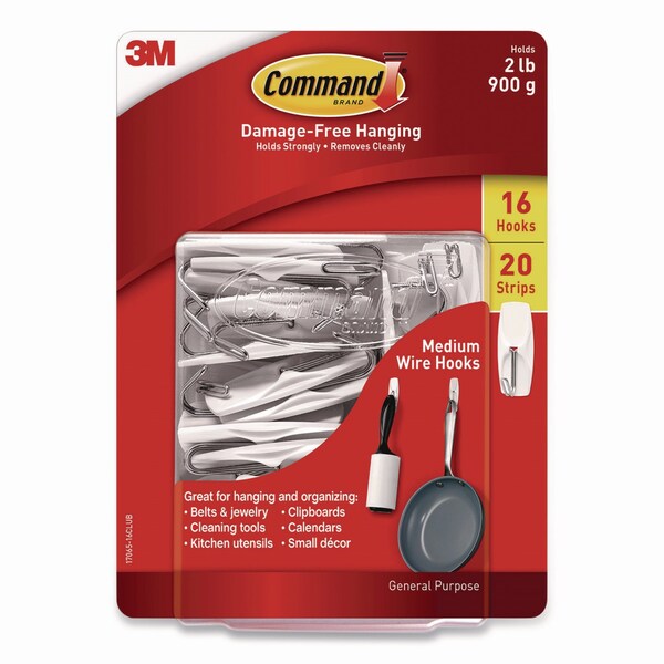 Command General Purpose Wire Hooks, Medium, Metal, White, 2 lb Capacity, 16 Hooks and 20 Strips - 17065-16CLUB