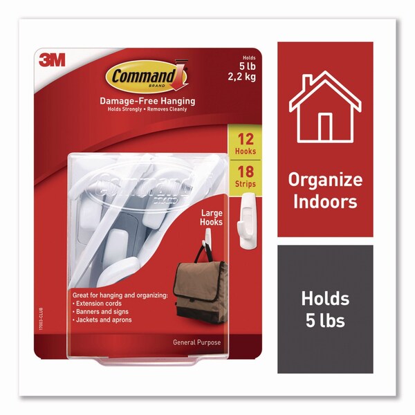Command General Purpose Hooks, Large, Plastic, White, 5 lb Capacity, 12 Hooks and 18 Strips - 17003-CLUB