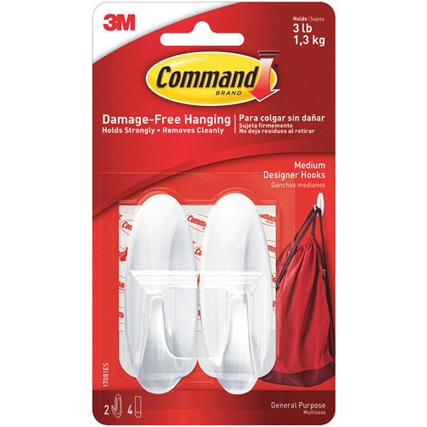 3M 3M 17081 Command Designer, White, 2 Hooks and 4 Strips, 6/Packs per Case - CHS1050