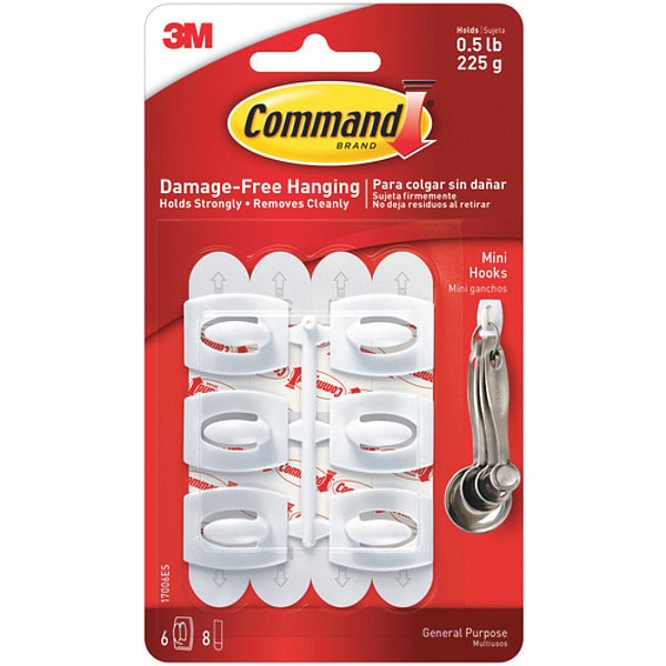 3M 3M 17006 Command, Mini, White, 6 Hooks and Strips, 6/Packs per Case - CHS1001