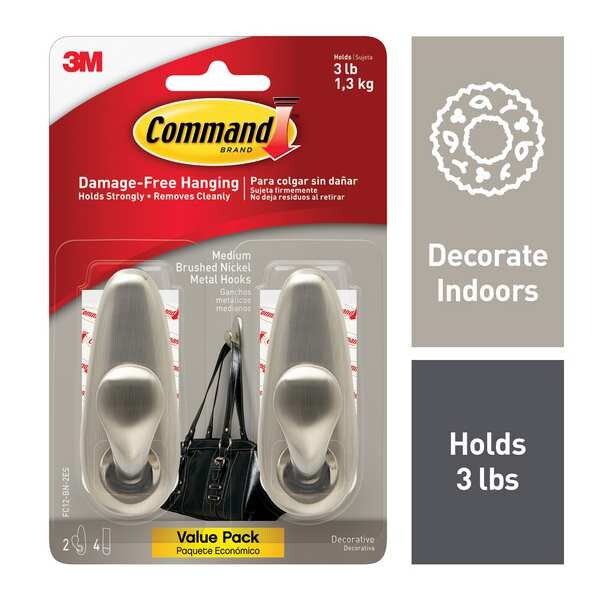 Command Hook, Nickel, Metal, 1 1/4 in D, PK2 - FC12-BN-2ES