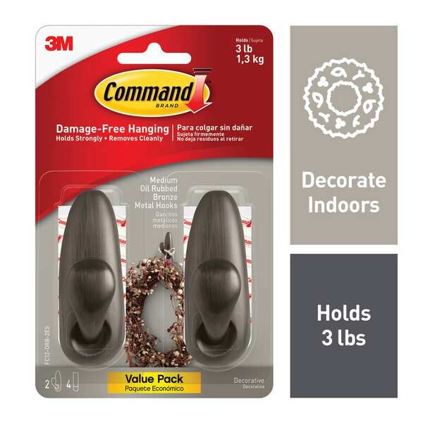 Command Hook, Bronze, Metal, 1 1/4 in D, PK2 - FC12-ORB-2ES