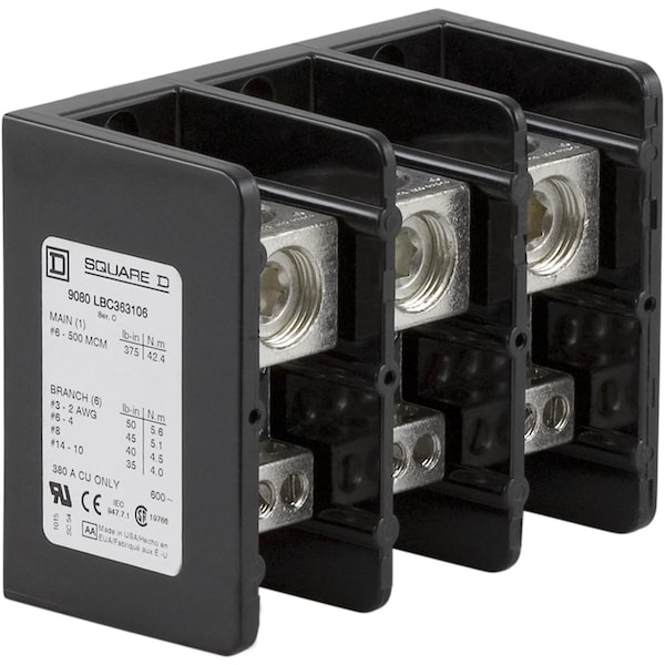 Bloque de distribución de energía Square D, Linergy, 3 polos, 1 línea, 6 cargas, 380A Cu, 600V - 9080LBC363106