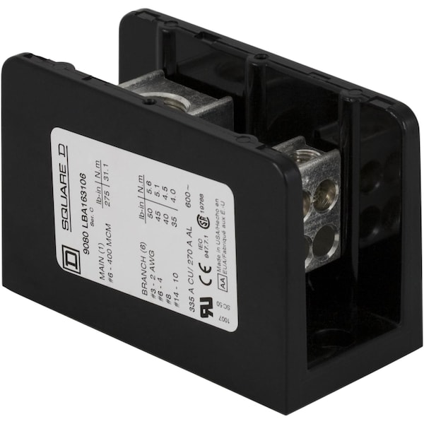 Bloque de distribución de energía Square D, Linergy, 1 polo, 1 línea, 6 cargas, 380A Cu, 600V - 9080LBC163106