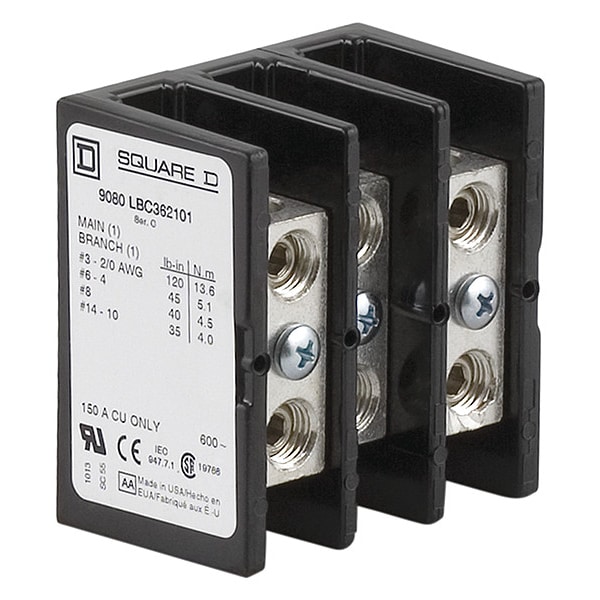 Bloque de distribución de energía Square D, Linergy, 3 polos, 1 línea, 1 carga, 150A Cu, 600V - 9080LBC362101