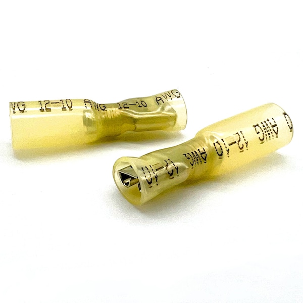 100 Piezas de Conectores de Pala Hembra Amarillos Termocontraíbles de Grado Marino, AWG 12-10, 100PK - EL-1210-FSPADE-HSY-100