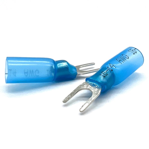 Boltsandnuts.Com 100 Piezas Conector de Horquilla en Forma de U de Calor Azul de Grado Marino #10, AWG 16-14, 100PK - EL-1614-FORK10-HSB-100