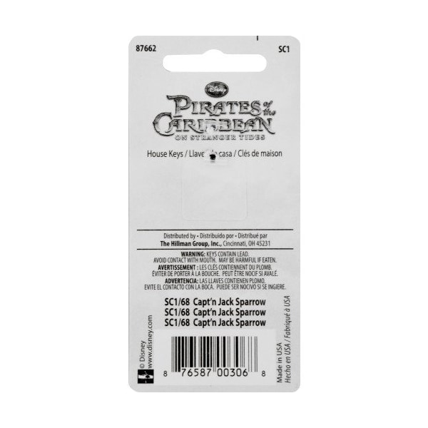 Hillman HILLMAN Disney Capt N Jack Sparrow House Key Blank 68 SC1 Single For Schlage Locks - 87662