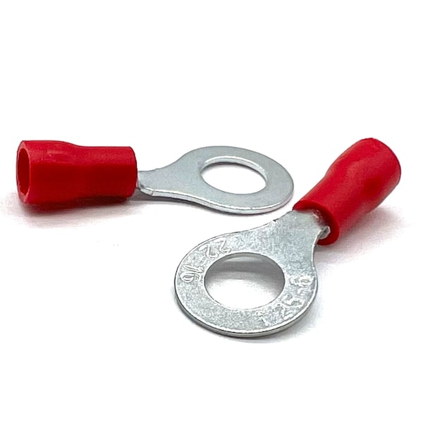 500 Piezas de Conectores de Engarce de Anillo de PVC/Vinilo Rojo de 1/4 de pulgada de diámetro, AWG 22-16, 500PK - EL-2216-RING25-VR-500