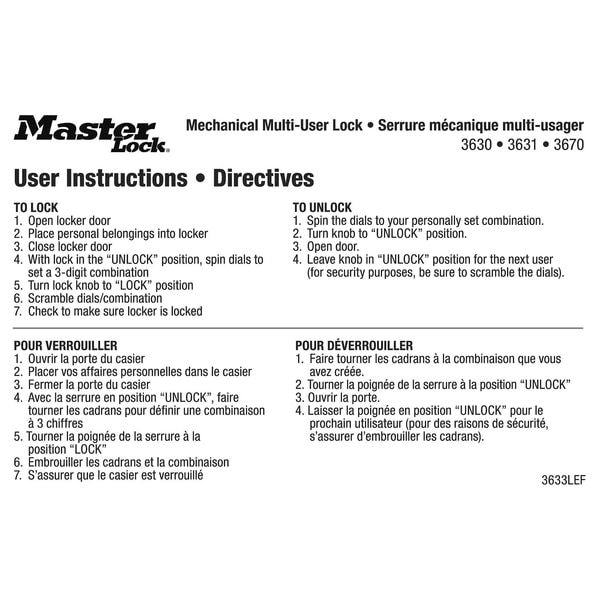 Master Lock Instruction Magnet, English/French, PK10 - 3633LEF