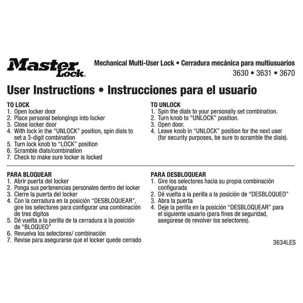Master Lock Instruction Sticker, English/Spanish, PK10 - 3634LES