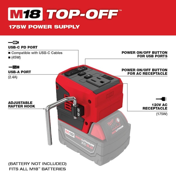 Milwaukee Tool M18 TOP-OFF 175W Power Supply (Tool Only) - 2846-20