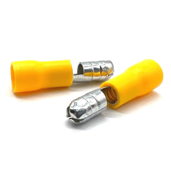 500 Piezas Conector de prensaestopas de bala macho de PVC/Vinil amarillo, calibre AWG 12-10, 500PK - EL-1210-MBULLET-VY-500