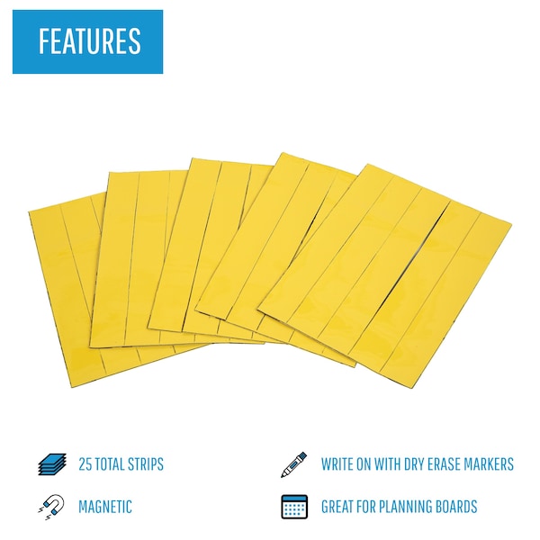 Mastervision 25 Magnetic Dry Erase Yellow Strips, .875"x6", Color Code & Calendar Boards, Writable/Erasable, PK25 - FM2503
